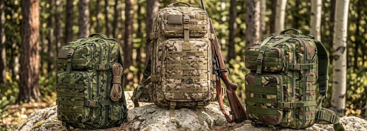 different camouflaged tactical backpacks on forest rocks