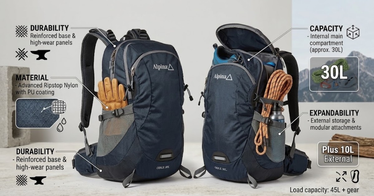 different features of a climbing backpack [Durability, Material, Capacity, Expandability].
