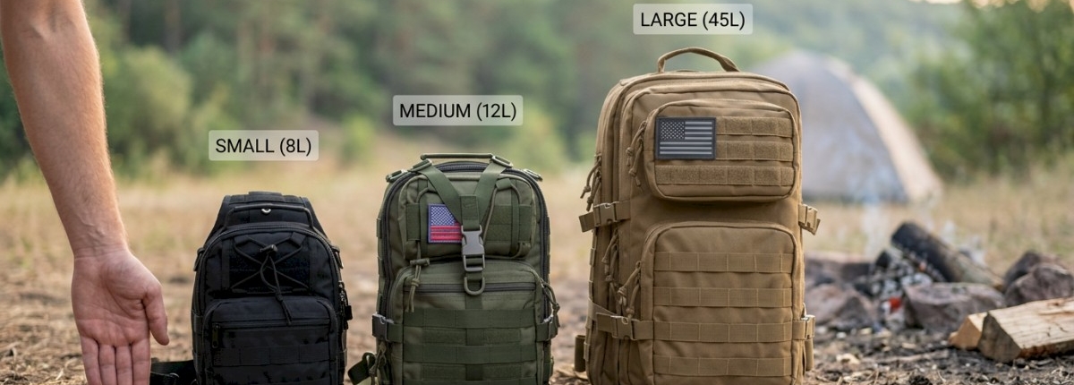 different size bags and tactical backpacks at a camp ground shown side by side