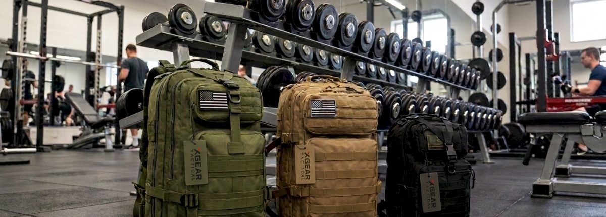 different sizes of backpack on gym floor for workouts