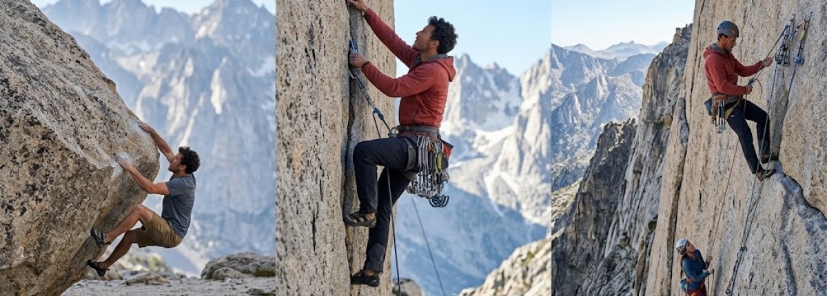 different types of climbing activities [Bouldering, Trad Climbing, Multi‑Pitch]