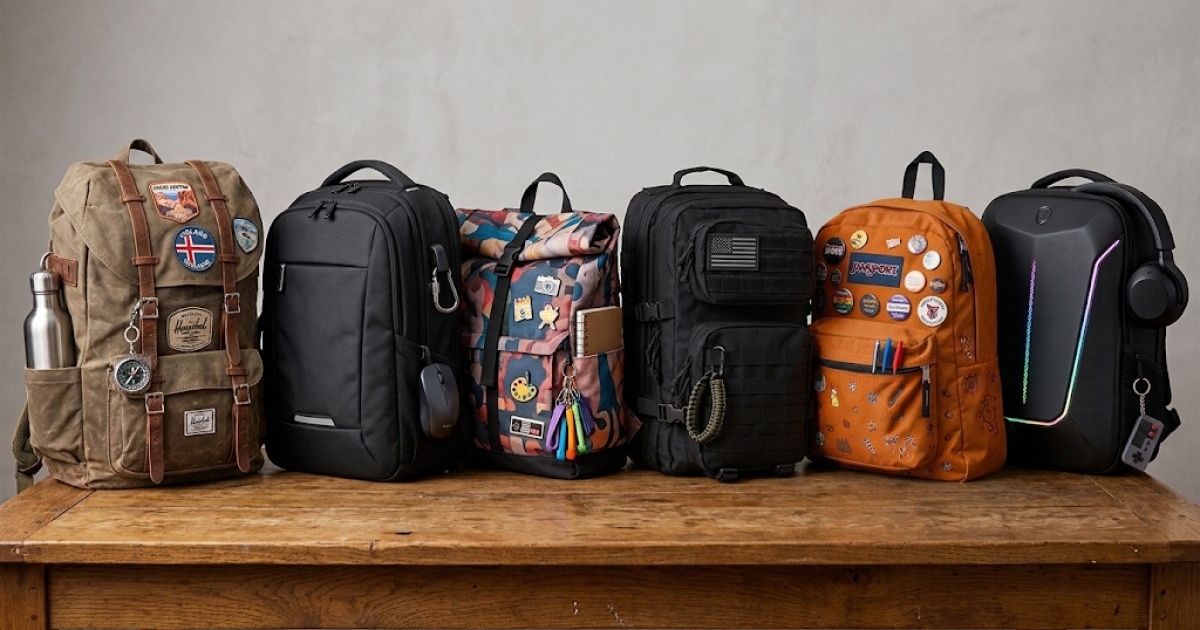 A diverse lineup of backpacks on a wooden table, each representing a different lifestyle and personality