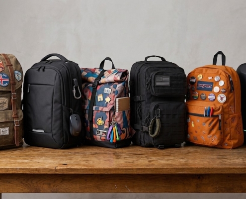 A diverse lineup of backpacks on a wooden table, each representing a different lifestyle and personality