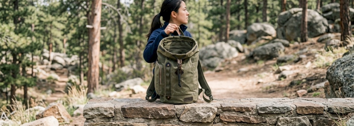 Duffel‑Style Backpack Hybrid with cylindrical, open‑top shape in forest with woman