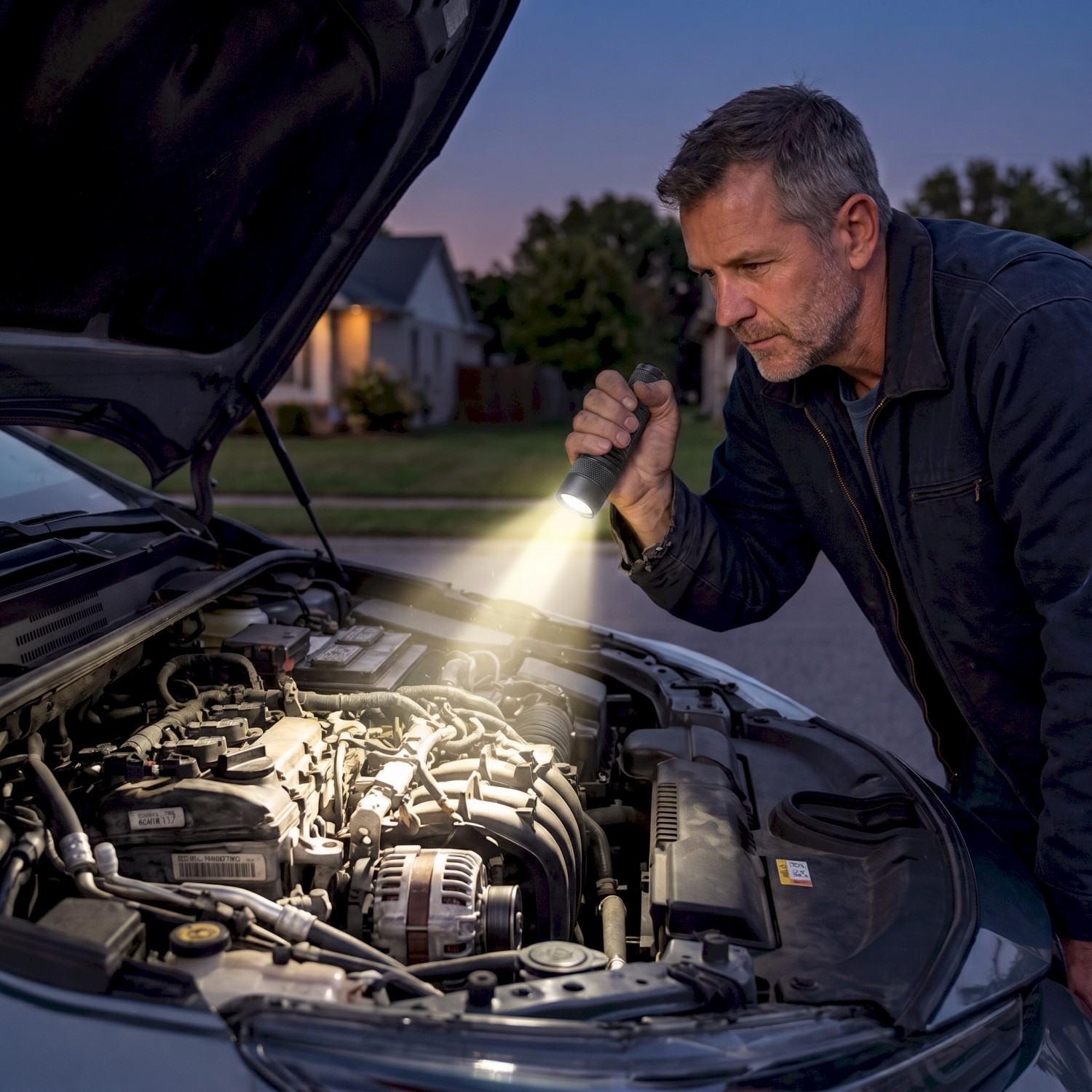 e300 small EDC flashlight being held by a man working on a car at night