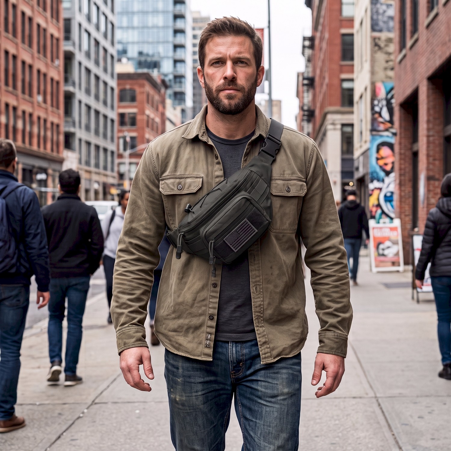 man walking on sidewalk in an urban city wearing an EDC fanny pack in black