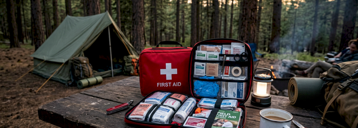 emergency first aid kit open on camping table