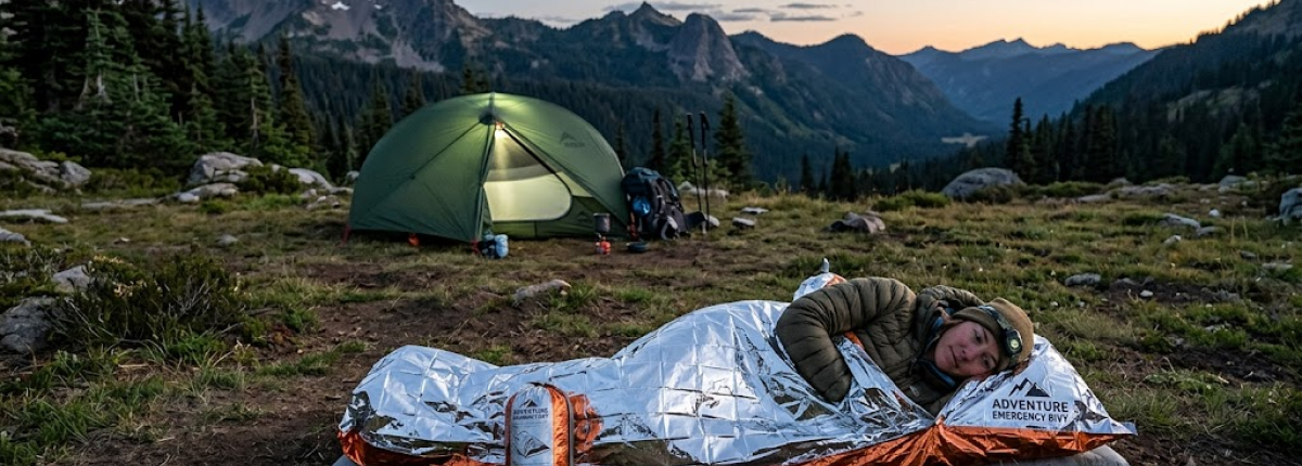 Emergency Bivy and Space Blanket for camping with tent in background