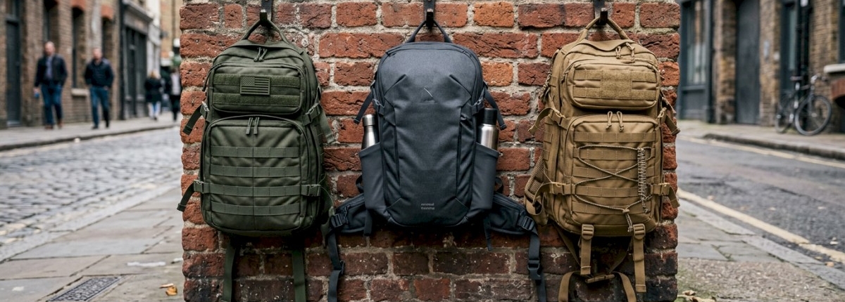 ergonomic daypacks and tactical backpacks on brick wall