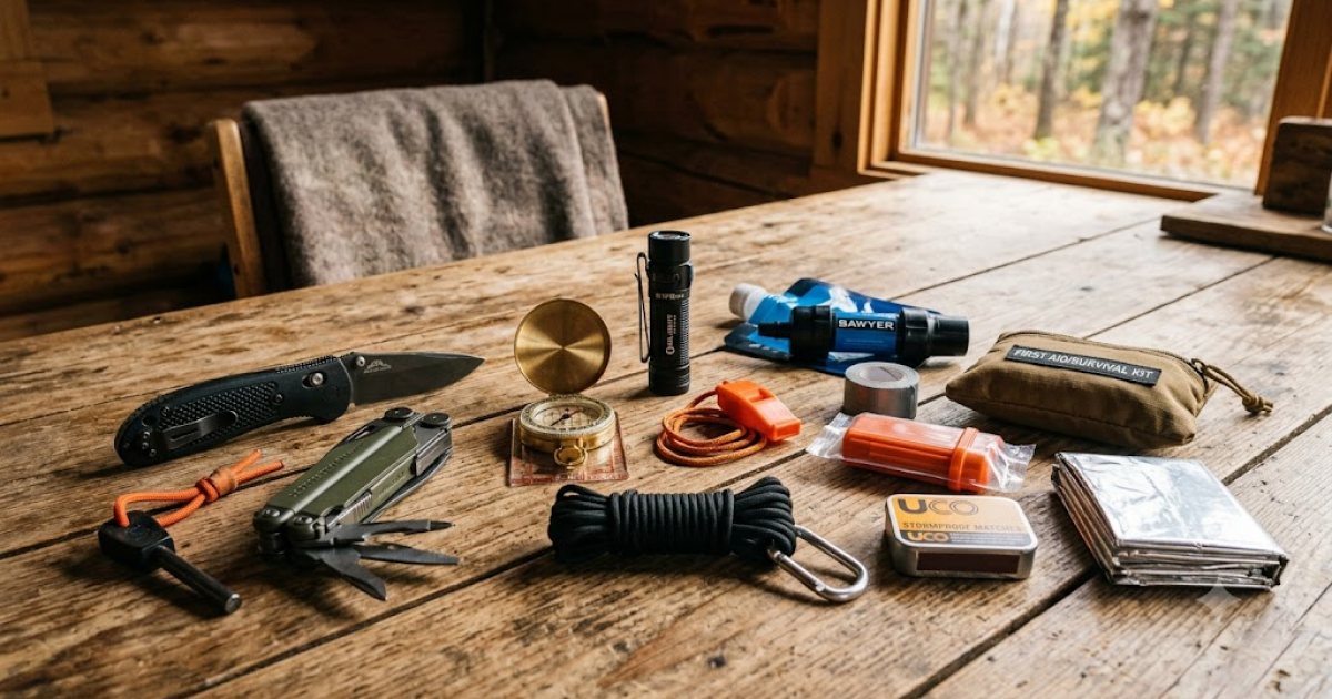 essential survival gear laid out on a table