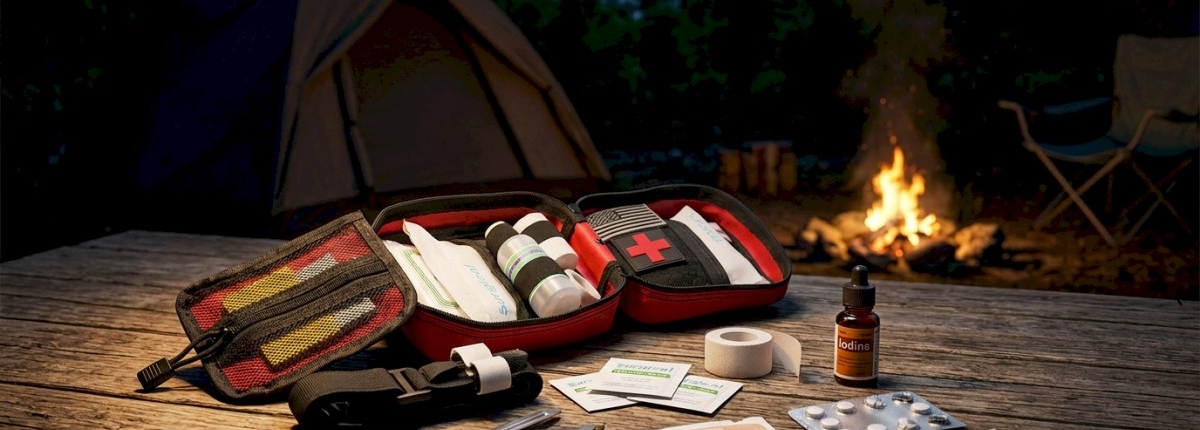 first-aid bag open on a wood camping table with items inside