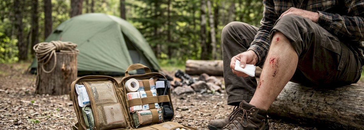 man getting medical treament on leg wound with IFAK pouch on ground
