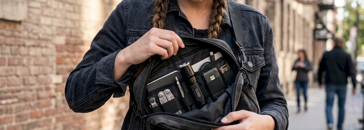 flashlight inside EDC kit bag carried by a woman on an urban street during the day