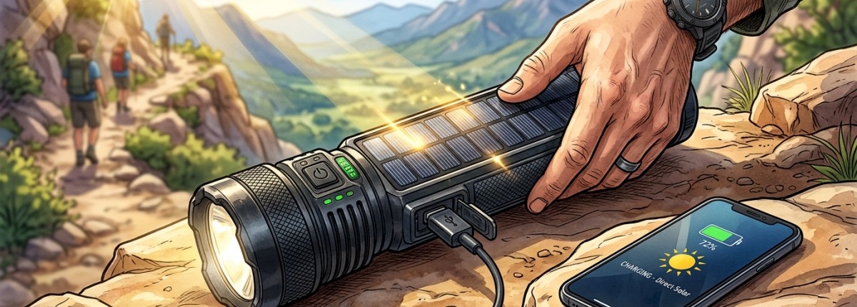 flashlight with solar‑integrated USB panels charging directly from sunlight without a power bank