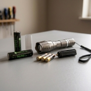 showing different battery options on table with AAA batteries and 18650