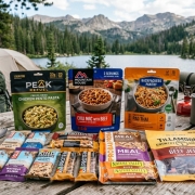 food on camping table including freeze dried entrees, energy bars and jerky