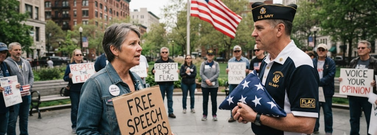 group of protesters in outdoor common area with American Flag flying on a pole in the background
