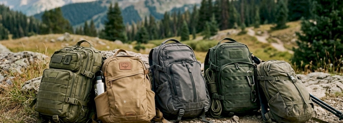 small group of daypacks and tactical backpacks in neutral colors on outdoor trails