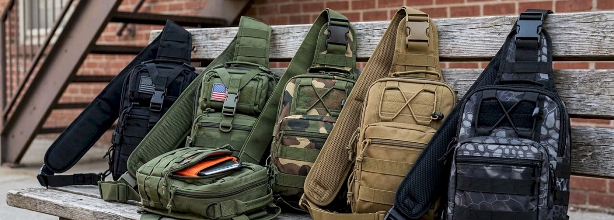 group of sling bags in different sizes and colors on a wood bench