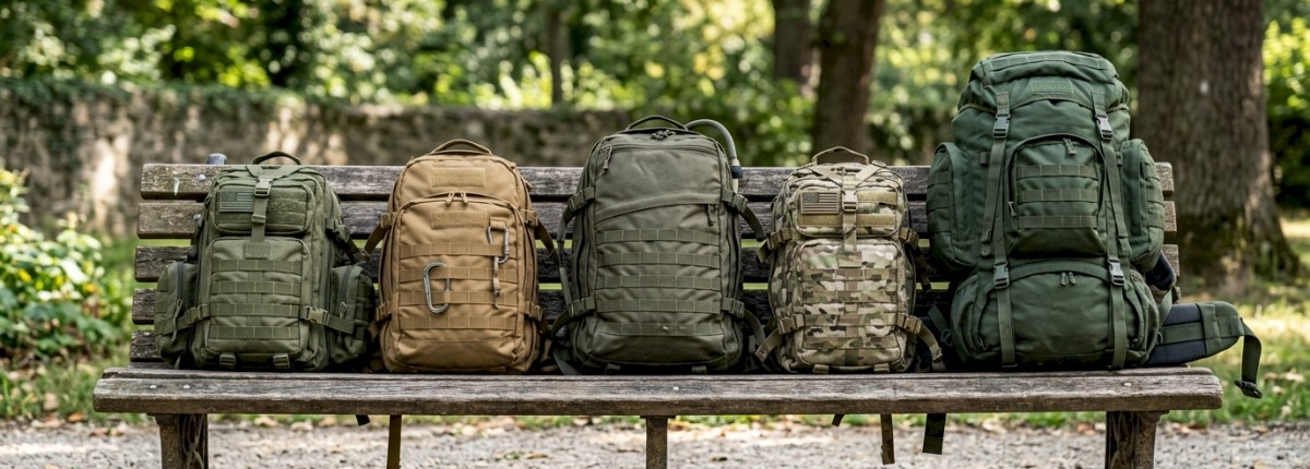 group of traditional military style or tactical backpacks in different sizes from 30-60 liters on park bench