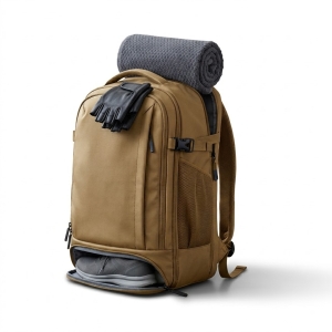 gym bag in khaki with workout gear inside bag on a white background