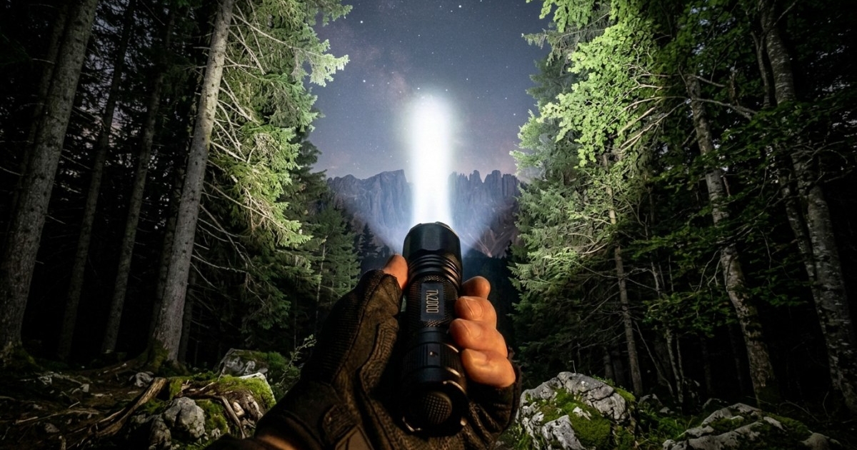 high lumen flashlight in persons hand with forest background