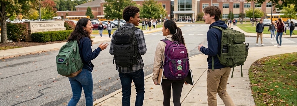 group of high school teens wearing 30 liter backpacks, walking to school