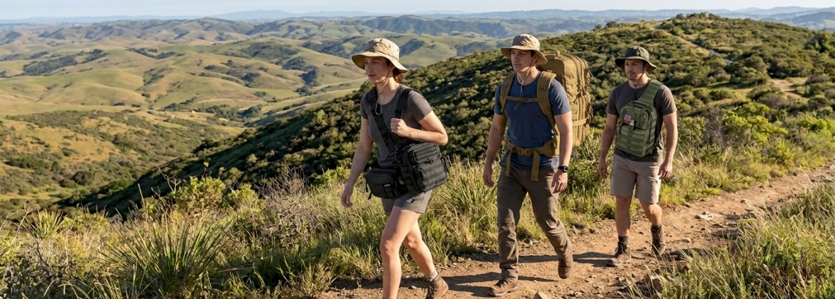 3 different hikers wearing backpacks and sling bags while hiking on a trail with hills in the background
