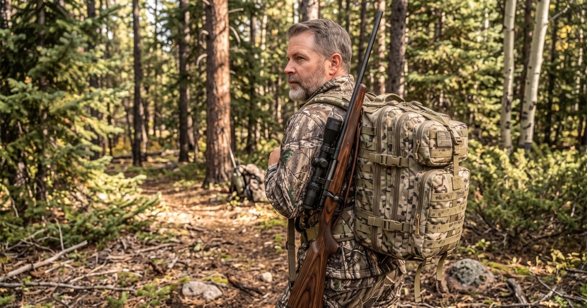 Hunter wearing a camouflaged backpack loaded with gear, standing in a forest clearing