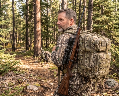Hunter wearing a camouflaged backpack loaded with gear, standing in a forest clearing