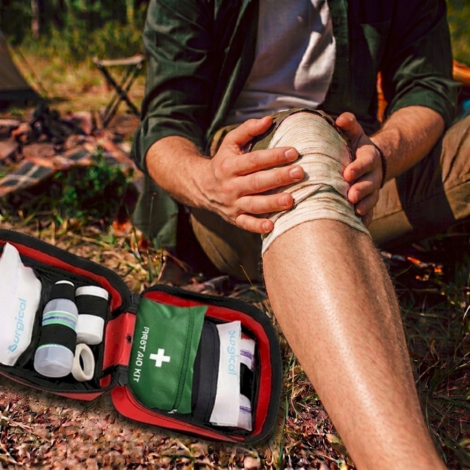 ifak-first-aid-kit-bag-man-injury-leg-camping an IFAK first-aid kit on the ground next to a man with an injury to the leg at camping site