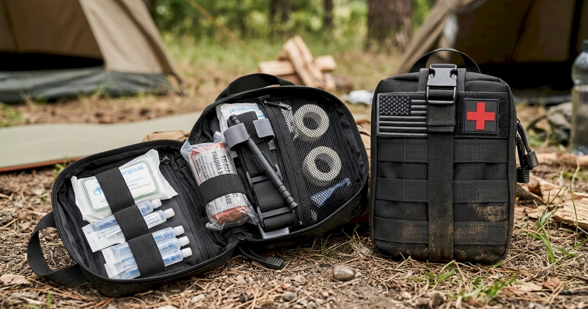 Close-up of a rugged IFAK pouch with tourniquet, trauma dressings, and MOL‑M webbing attached to a tactical belt