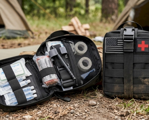tactical first-aid kit on camp ground filled with medical supplies