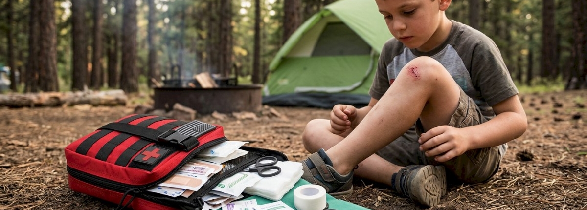 boy at a camp site with a minor leg injury getting first-aid treatment