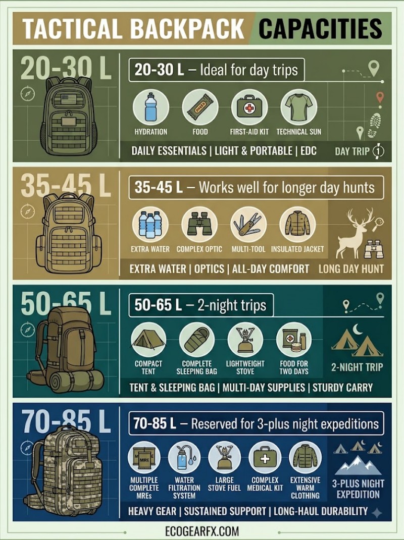 infographic showing different tactical hunting backpack capacities in liters