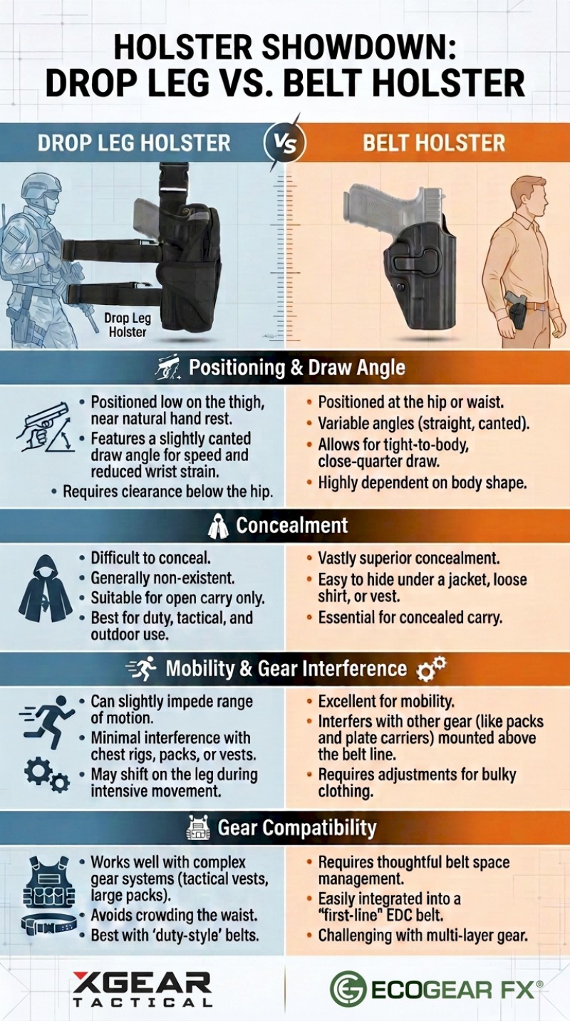 Illustration Showing Drop Leg Holster vs. Belt Holster: Core Differences