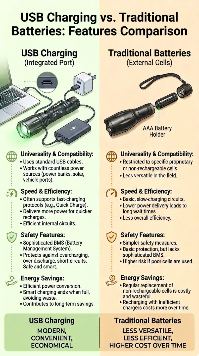 graphic showing usb charging vs. traditional alkaline batteries