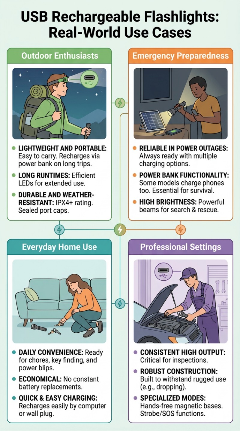 Graphic Demonstrating USB Rechargeable Flashlights: Real‑World Use Cases
