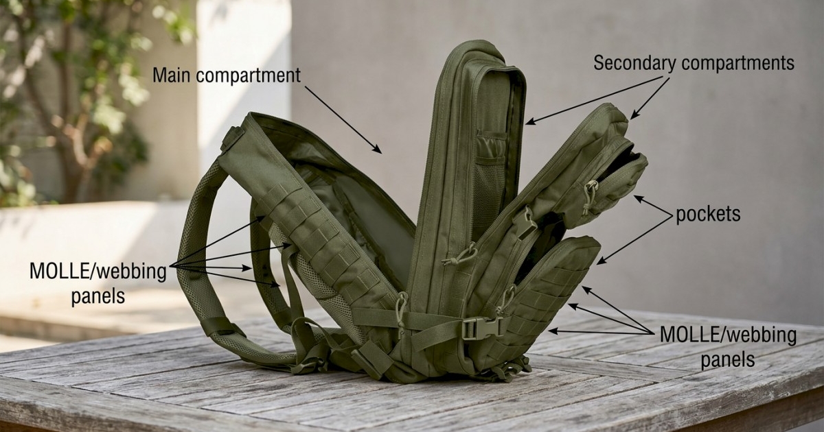 large backpack on wood outdoor table with call-out labels [Main compartment, Secondary compartments, pockets, MOLLE/webbing panels]