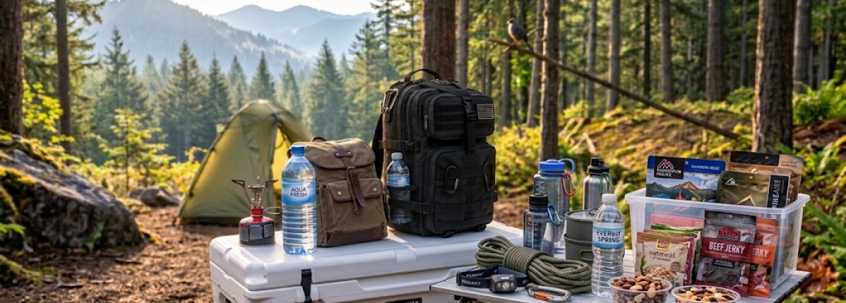 a large cooler next to small table with water bottles and food items