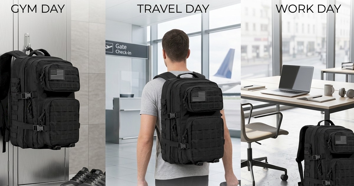 large tactical backpack shown in 3 different scenarios for gym, work, and travel