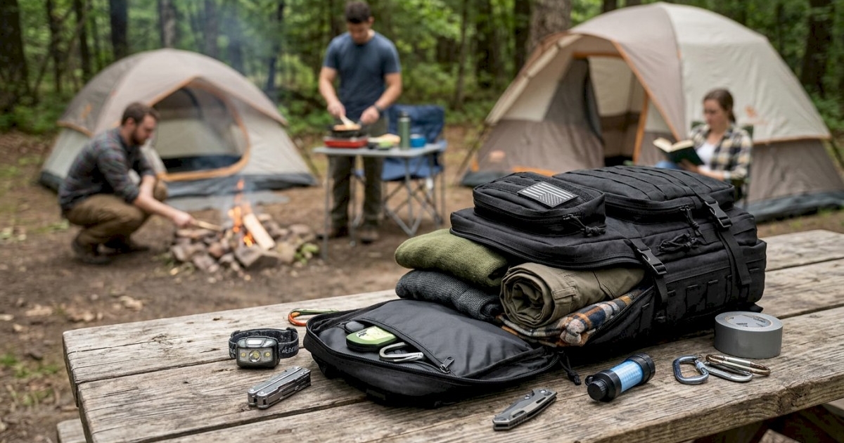 A large tactical backpack opened on a table showing neatly arranged clothing and gear in compartments