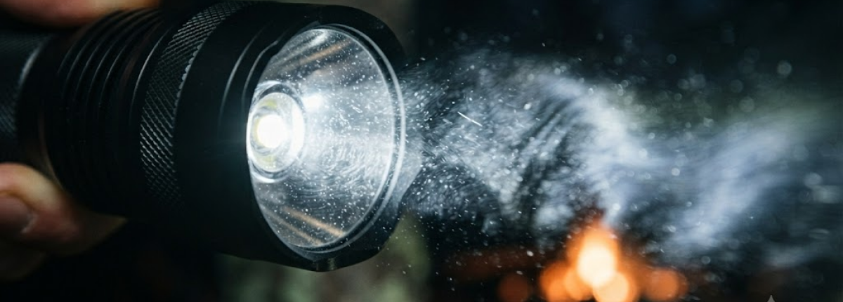 close-up view of led flashlight showing a bright light beam at night