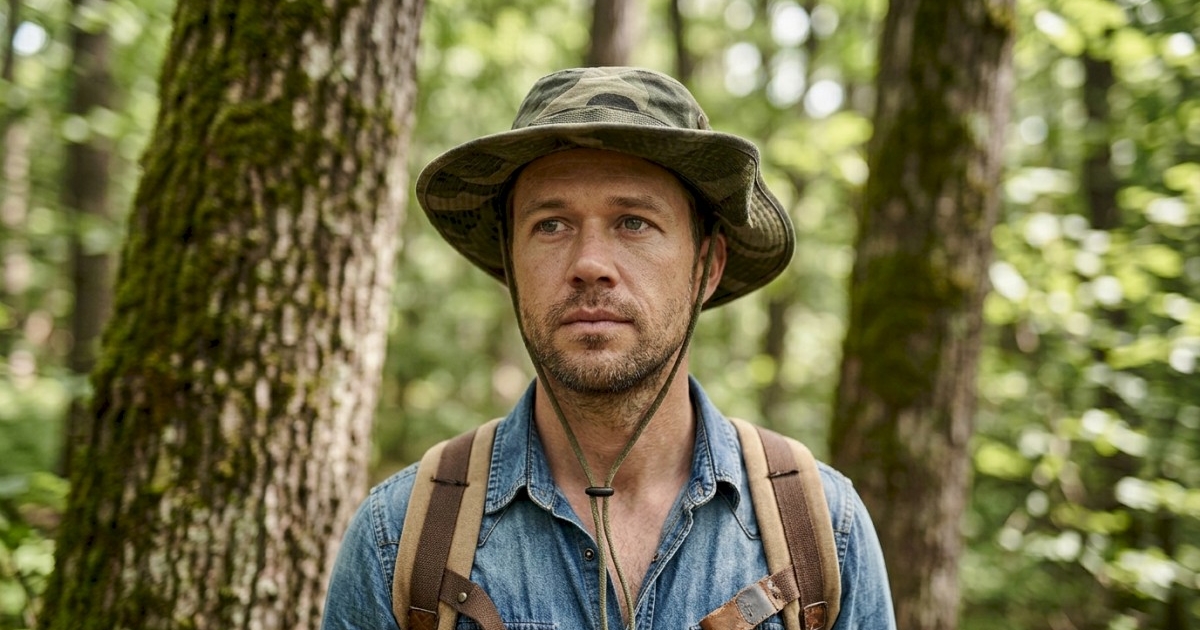 A man wearing a military boonie hat with casual clothing in a forest setting