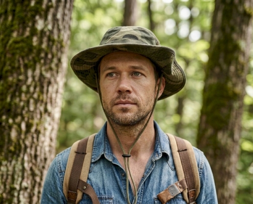 A man wearing a military boonie hat with casual clothing in a forest setting