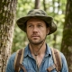 A man wearing a military boonie hat with casual clothing in a forest setting