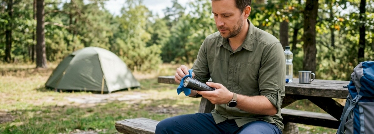 man at a camp ground during the day cleaning a flashlight with a small cloth