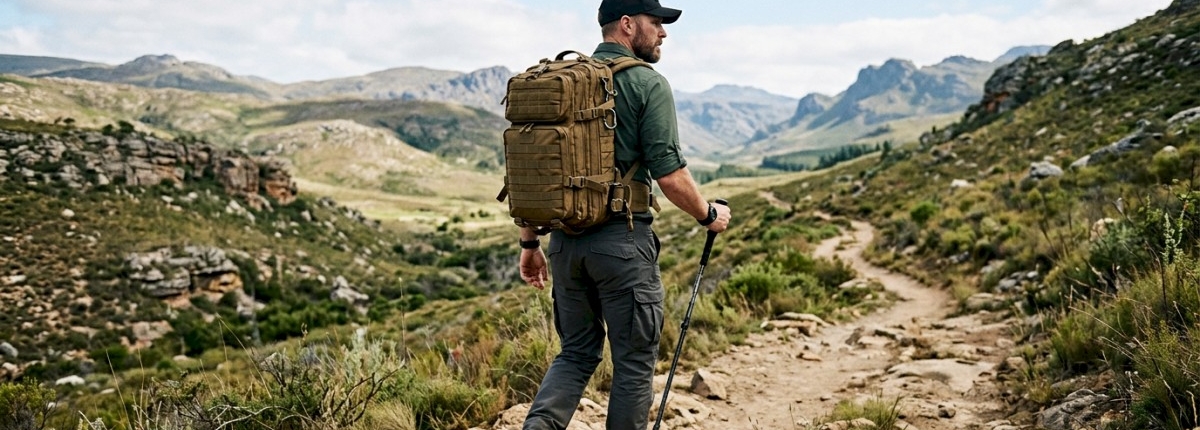 man hiking wearing a backpack with molle on a mountain trail