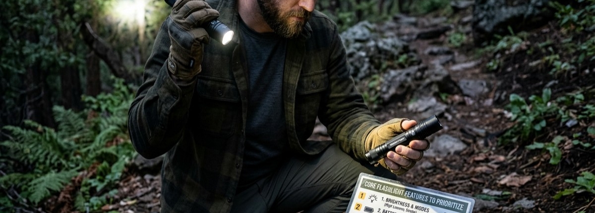 man in a forest at night doing research on flashlight features using a tablet