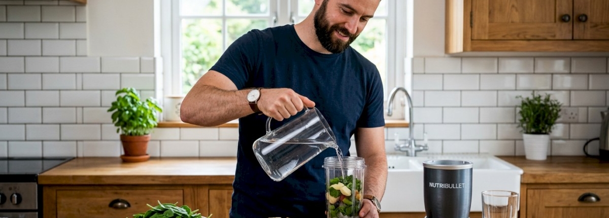 man preparing food and drinks on kitchen counter with blender
